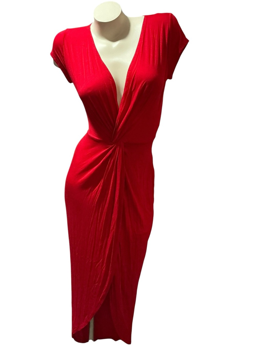 Rolla Coster Midi Dress Twist Detail Underneath Shorter Low Cleavage SMALL, RED